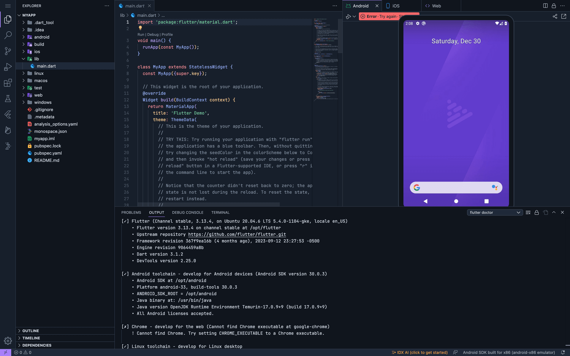 Flutter Android Simulator Preview