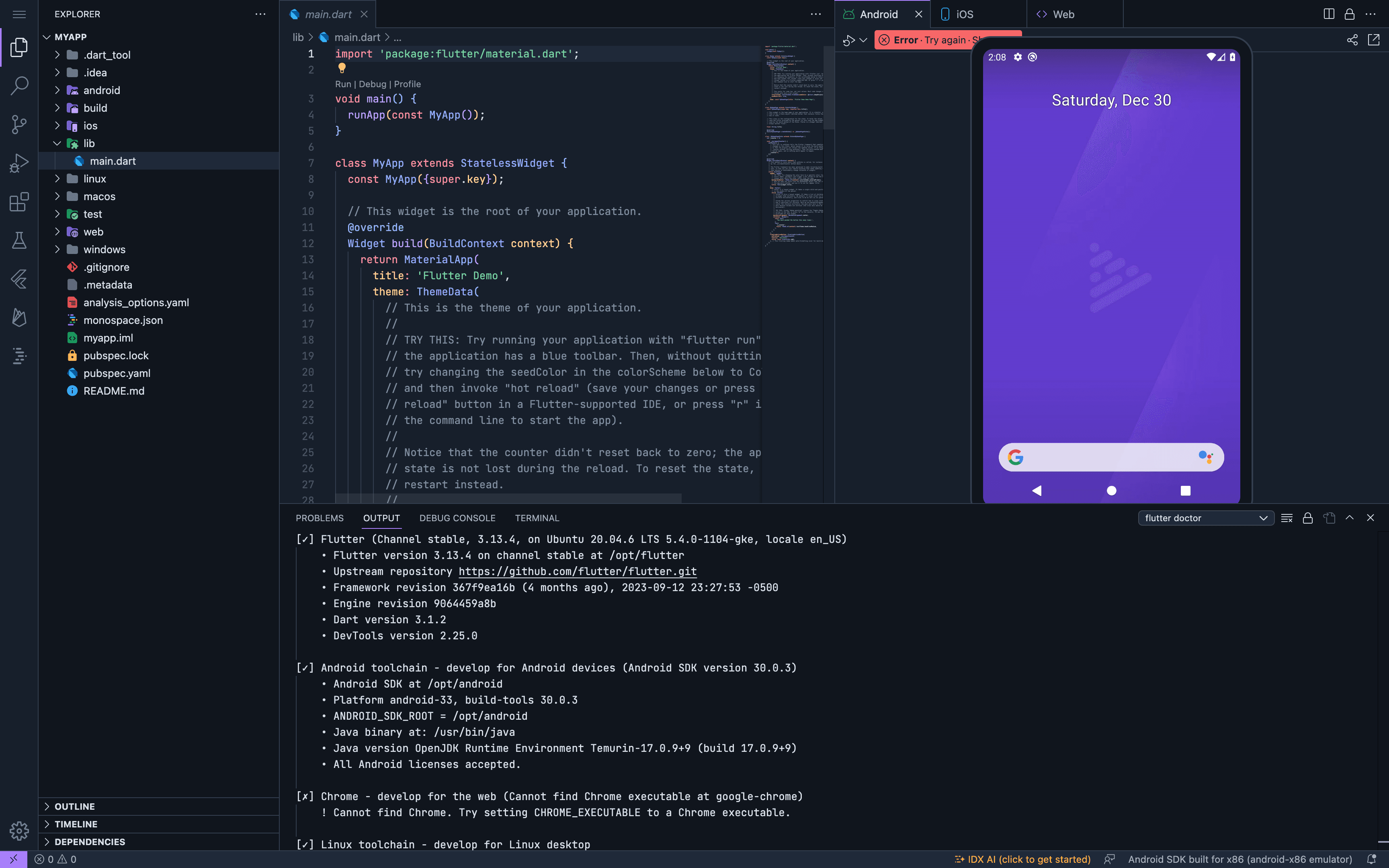 Flutter Android Simulator Preview
