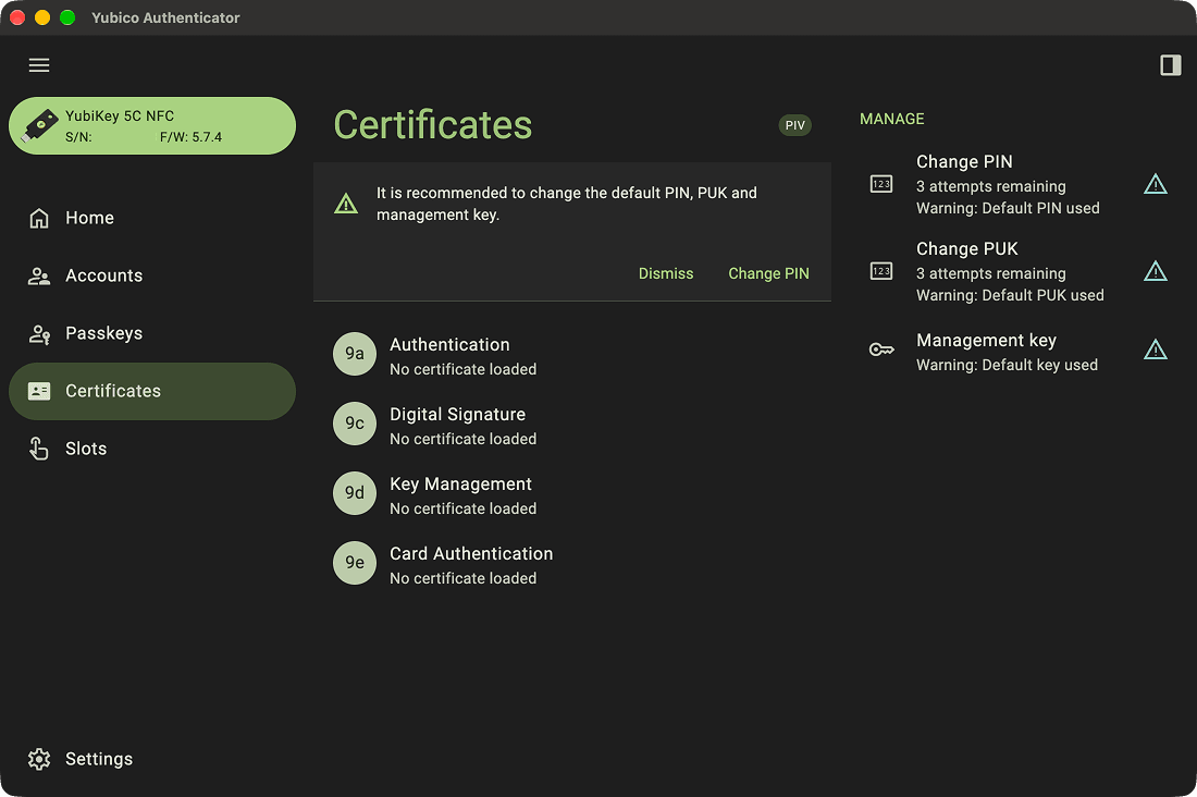 Yubico Authenticator Certificates Tap