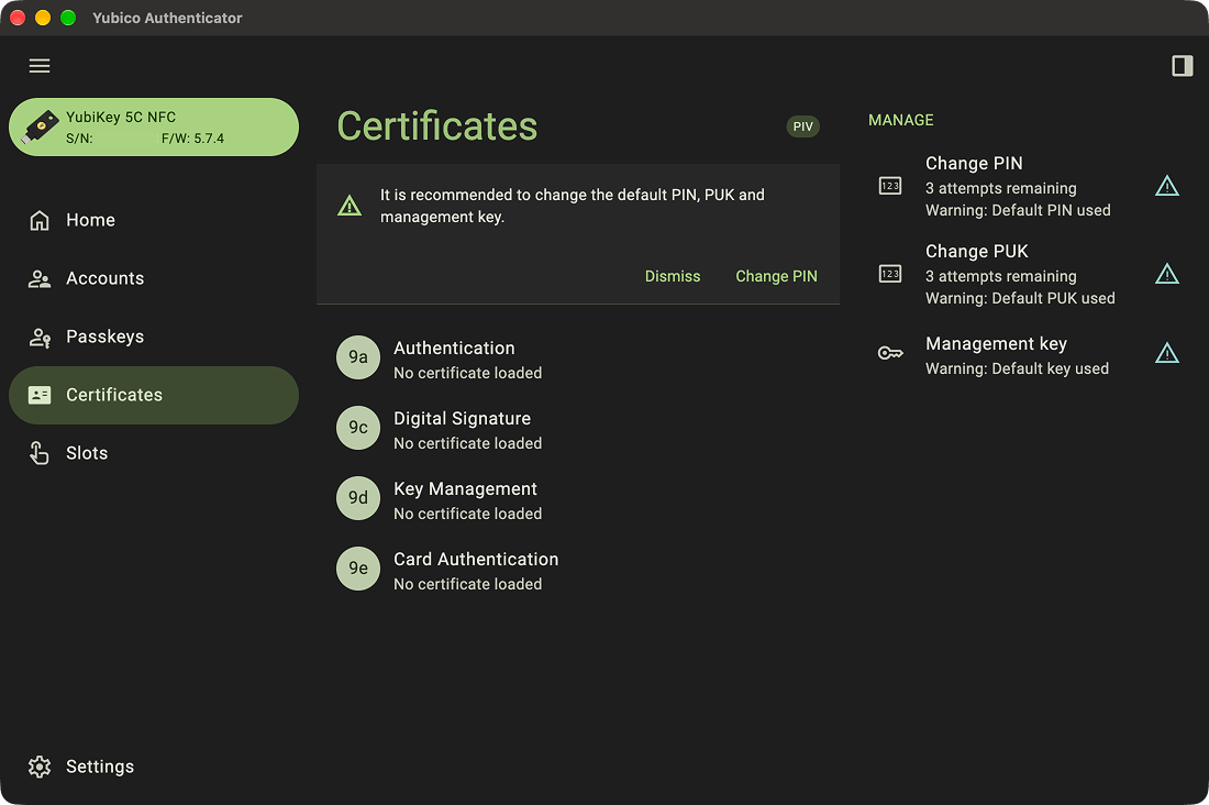 Yubico Authenticator Certificates Tap