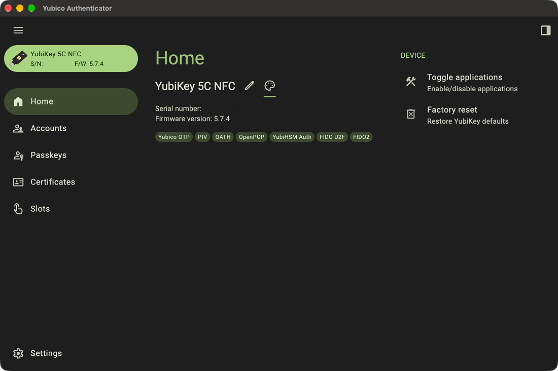 Yubico Authenticator Home Tap